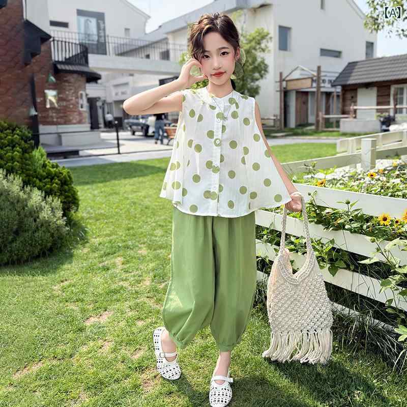 子供服 カジュアル パンツ セット 女の子 夏の スーツ 2025 子供用 スタイリッシュな ノースリーブ コットンドットの トップス カジュアル パンツの ツーピース
