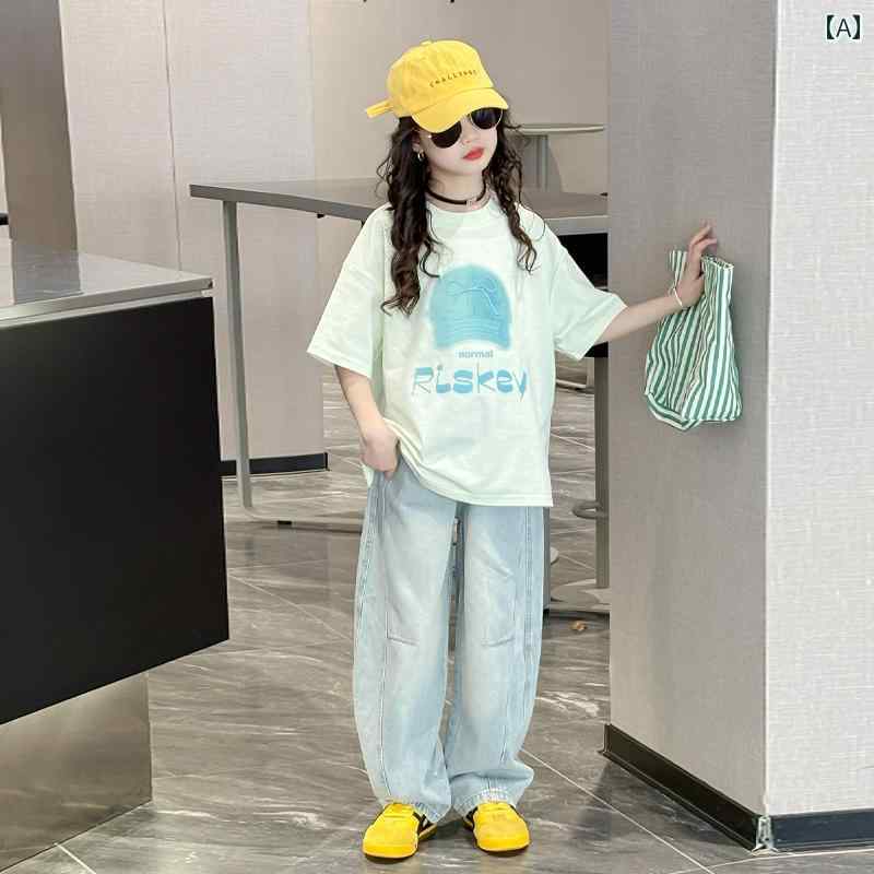 子供服 カジュアル パンツ セット 女の子 夏の スタイリッシュで 美しい 半袖 Tシャツ ジーンズ スーツ Mと Lの 子供用 夏服 ツーピース