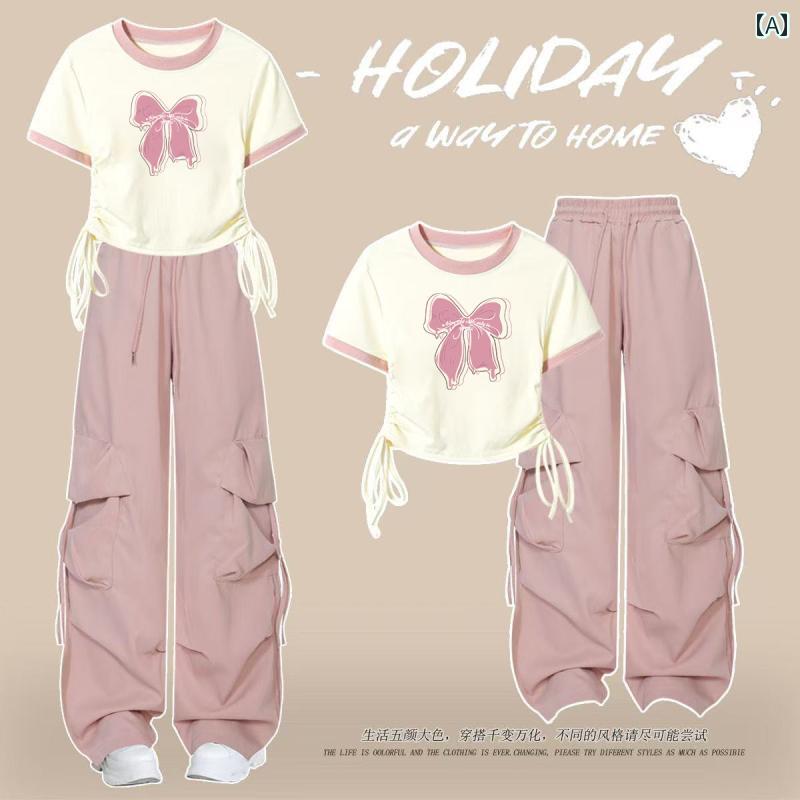 樂天商城 - キッズ カジュアル パンツ セット 女の子 スーツ 夏の ファッション 818歳の Tシャツ 中学生の 女子 学生 ハイウエストの オーバー オール ツーピース