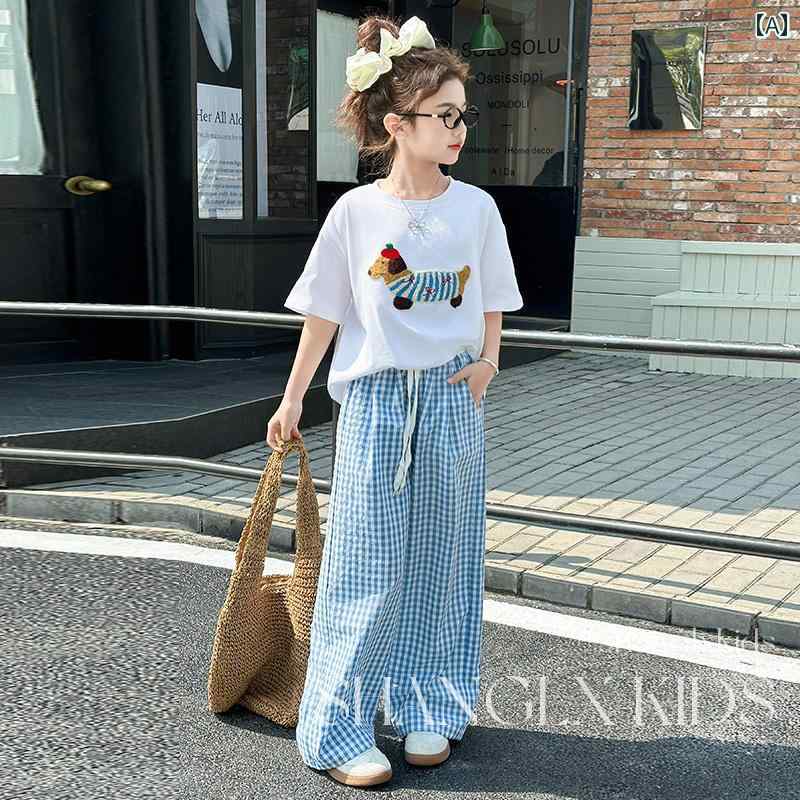 子供服 カジュアル パンツ セット 女の子 夏の 服装 スーツ ダックスフント 半袖 スタイリッシュな 子供用 チェック 柄 パンツ 2025 格好良い 服