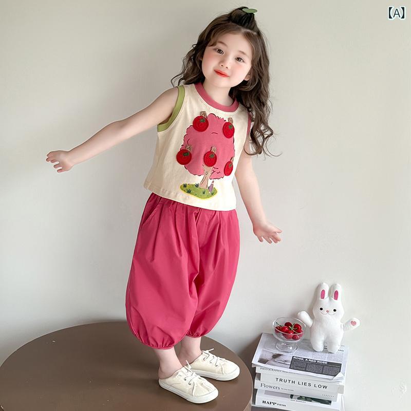 子供服 カジュアル パンツ セット 女の子 スーツ 2025 夏の 子供の かっこいい ストリート ブラスト ノースリーブ ブルマー ツーピース ベビー ガールズ 夏服