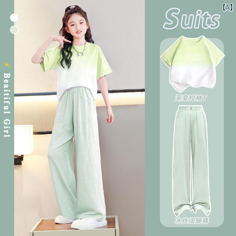 子供服 カジュアル パンツ セット 女の子 夏の スーツ 2025 子供用 半袖 ワイド レッグ パンツ ツーピースの 大きい 子供の スポーツウェア