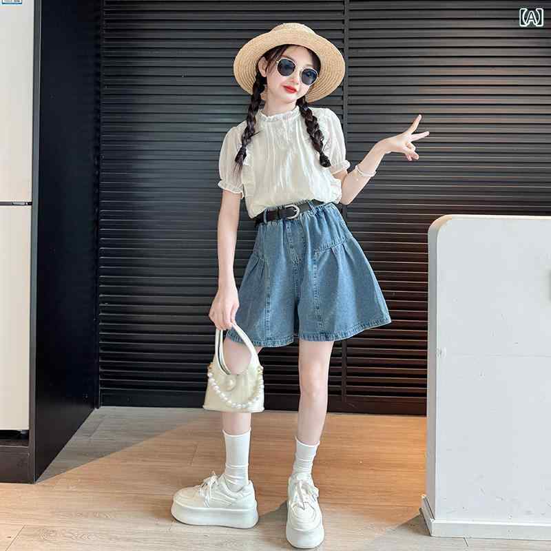 Other - 子供服 カジュアル パンツ セット 女の子 夏の スーツ 2025 子供用 スタイリッシュな ベビー シャツ トップス Mと L サイズ デニム ショート スカート パンツ ツーピース