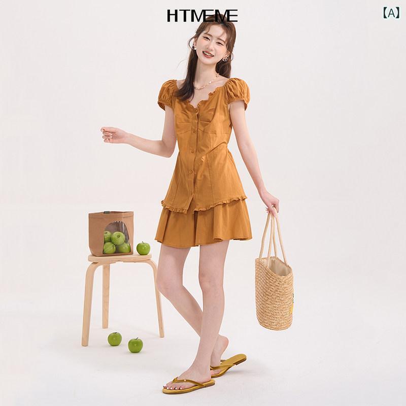 膝下 ワンピース シャツ 花畑の 窓 HTmeme 夏 レトロ レース 半袖 シャツ スカート ツーピース スーツ レディー スウォッシュ コットン