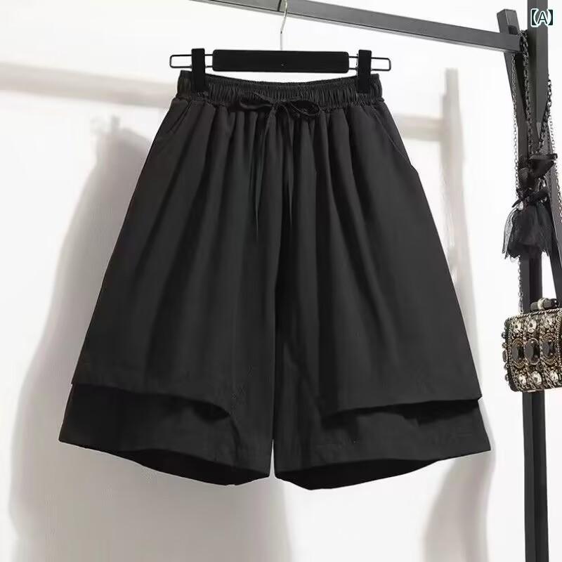 キュロット スカート スタイリッシュ 大きいサイズ ズボン スカート 夏 レジャー 伸縮性の ある ウエスト タイ スリミング 肉を 隠す フェイク ツーピース ワイド レッグ パンツ 無地 5点 ショーツ 女性用