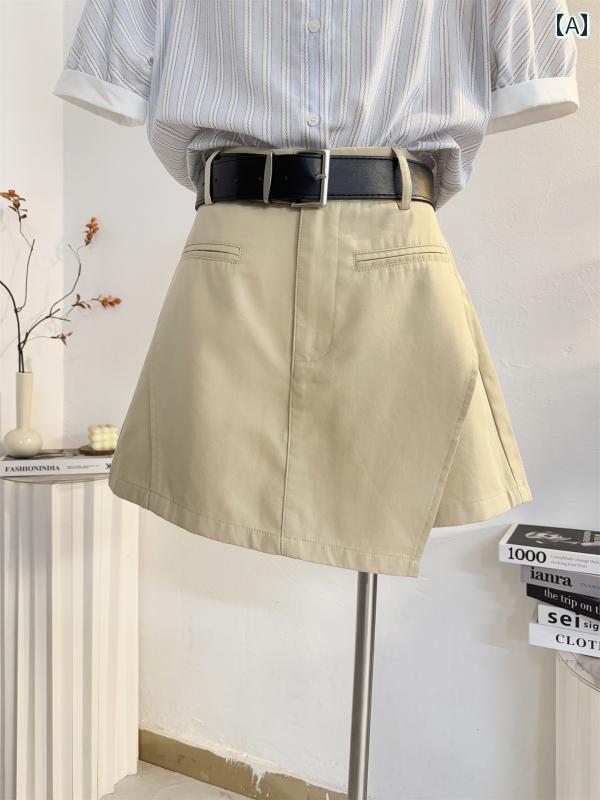 キュロット スカート スタイリッシュ カーキ色の カジュアル ワークウェア ショート パンツ スカート レディース 2025夏 ハイウエスト aライン ワイド レッグ 露出 防止 ベルト