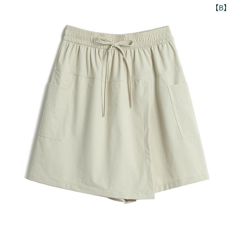 LAONsChoiceのキュロット スカート スタイリッシュ 前面と 背面の カバー フェイク ツーピース スカート パンツ 大きい サイド ポケット ワークウェア ショーツ 夏用 ミドル 丈 ミリタリーグリーンの 薄手｜アングル2