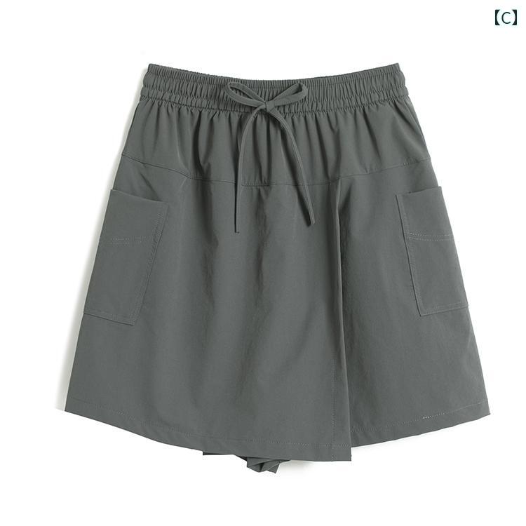 LAONsChoiceのキュロット スカート スタイリッシュ 前面と 背面の カバー フェイク ツーピース スカート パンツ 大きい サイド ポケット ワークウェア ショーツ 夏用 ミドル 丈 ミリタリーグリーンの 薄手｜アングル3