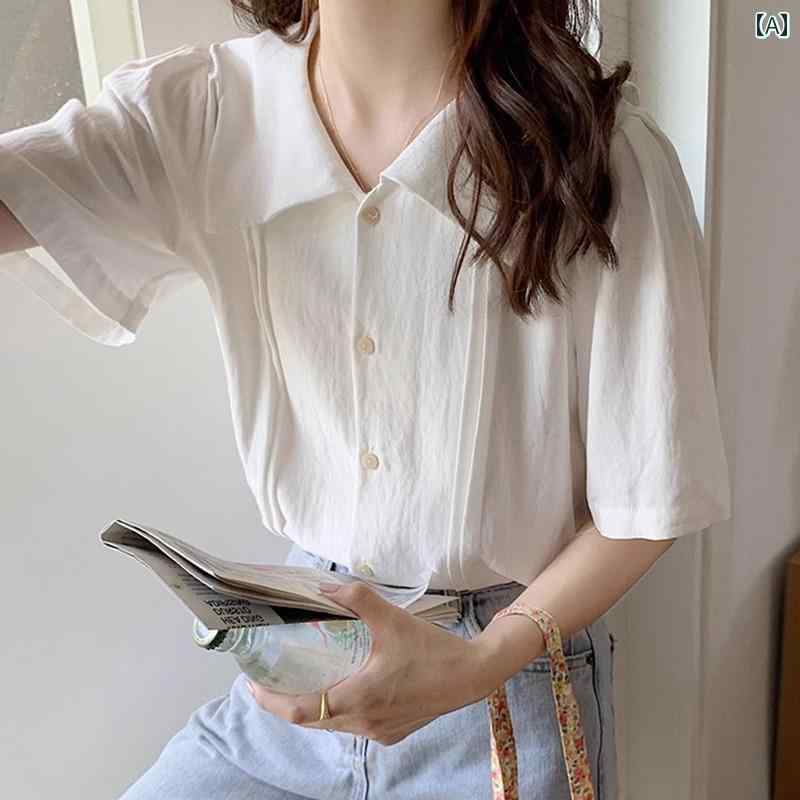樂天商城 - 無地 ブラウス シャツ 夏に 女性用 韓国 優しい 白の 半袖 シャツ フレンチ レトロ 小さい ストレート ショルダー トップ