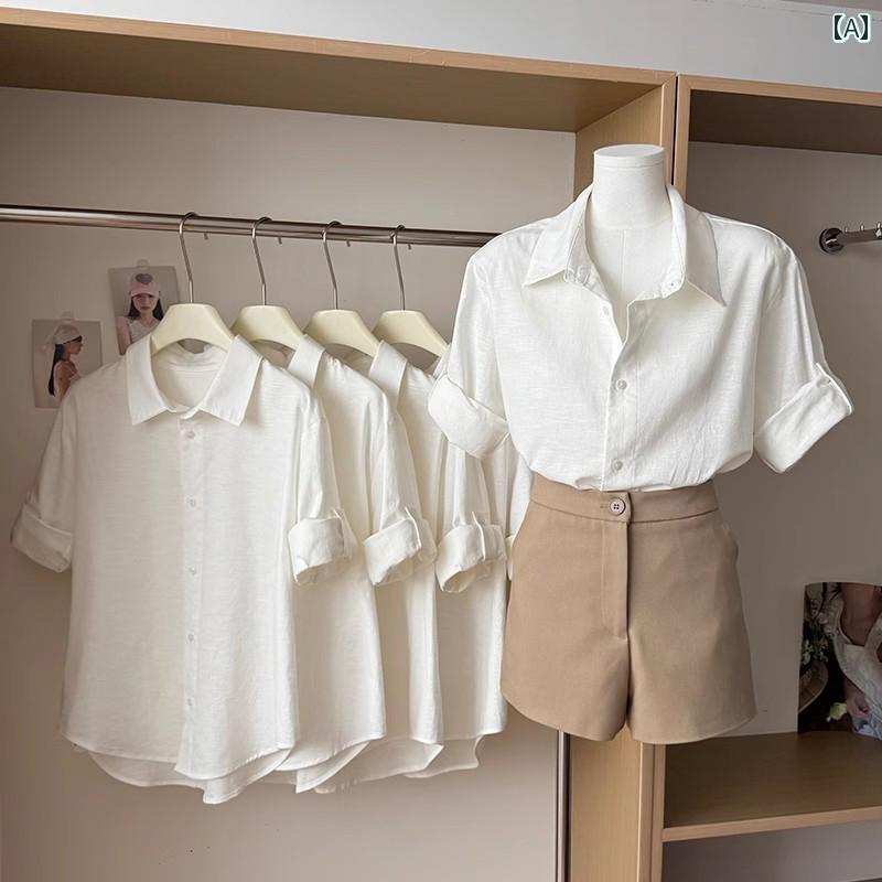 無地 ブラウス シャツ ホワイトリネン シャツ ストレート ショルダー 半袖 レディース 夏 レジャー オールド マネー スタイル コットン＆ リネンシャツ フレンチ プチ ブルジョアジー トップ