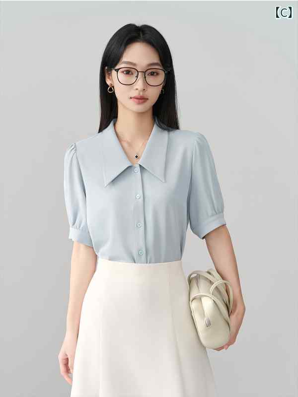 お仕事用 事務 セット アップ スーツ レディバード ブルー 半袖 シフォンシャツ プロな 面接用 ウェア 女性用 職場 通勤用 トップス フォーマル シャツ laonschoise-11037520 LAONsChoice サンプル画像3