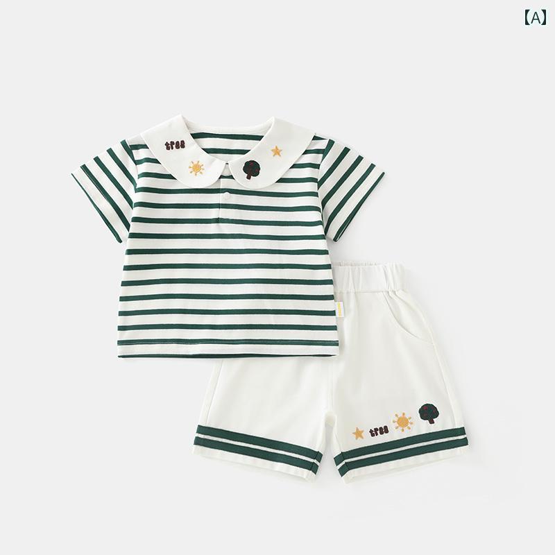 ベビー服 上下セット かわいい DUUDUU 子供用 半袖 スーツ 夏服 女児 ストライプ トップス お出かけ ショート パンツ ベビー 綿