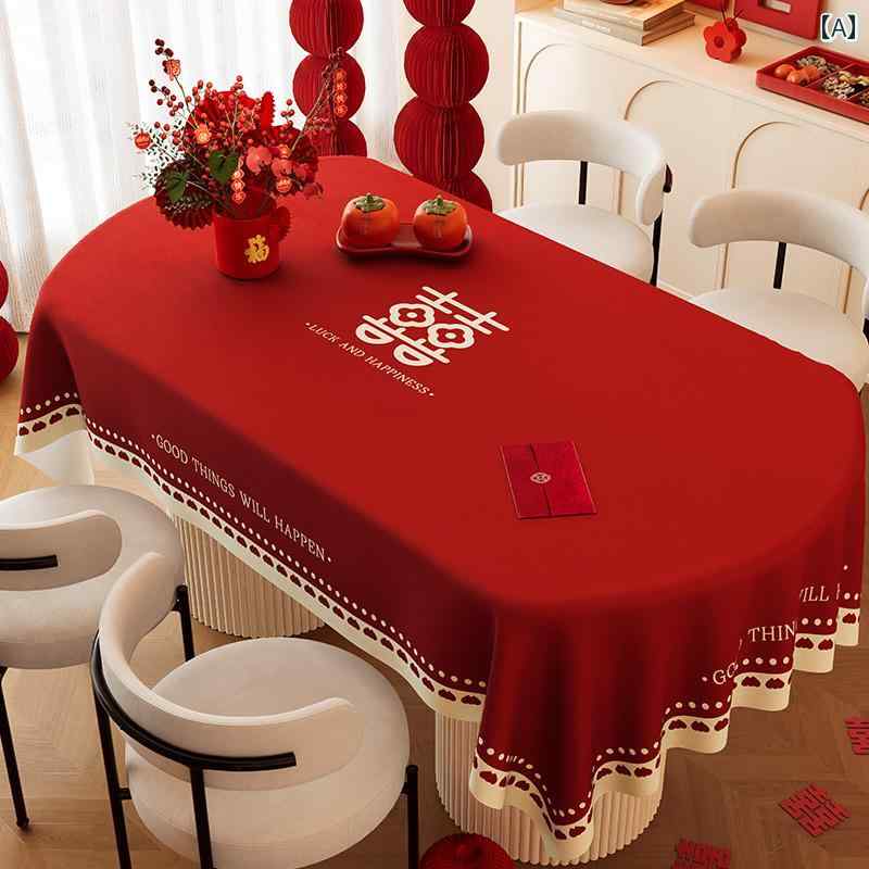 リビング テーブル クロス 赤い ウェディングお祝いの 雰囲気の 楕円形の テーブル クロス 2025 装飾 ..