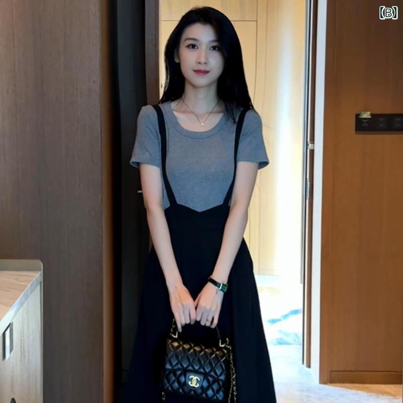 ジャンパー スカート オーバーオール 2024夏の ファッション サスペンダー スカート ツーピース ドレス 女性 西洋風 ミディアム ロング スタイル 年齢を 減らす