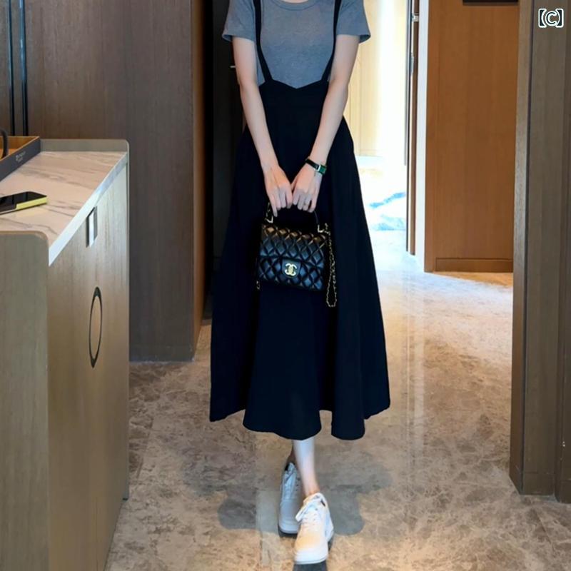 ジャンパー スカート オーバーオール 2024夏の ファッション サスペンダー スカート ツーピース ドレス 女性 西洋風 ミディアム ロング スタイル 年齢を 減らす