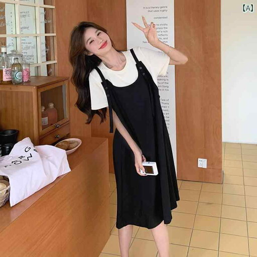ジャンパー スカート オーバーオール 黒と 白の つなぎ合わせの フェイク ツーピース ドレス 女性用 夏 カジュアル ゆったり ファッション カレッジ スタイル 肉を カバー スリミング サスペンダー スカート ジャンパー スカート オーバーオール 黒と 白の つなぎ合わせの フェイク ツーピース ドレス 女性用 夏 カジュアル ゆったり ファッション カレッジ スタイル 肉を カバー スリミング サスペンダー スカート