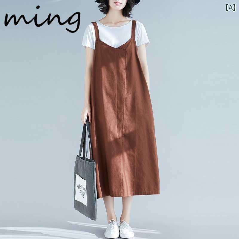 ゆったり ジャンパー スカート 2025夏の コットン＆ リネン サスペンダー ドレス レディース 韓国 大きいサイズ カジュアル ミディアム＆ ロング ノースリーブ