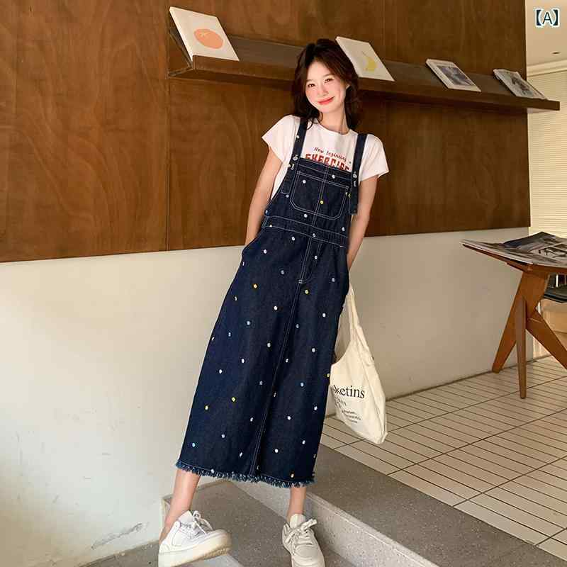 ゆったり ジャンパー スカート カラフルな ドットの デニムオーバーオール スカート 女性用 2025夏の カレッジ スタイル かっこいい 小 顔 効果の ある...