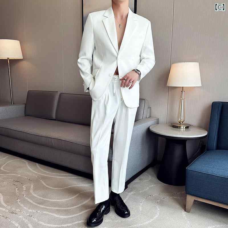 スーツ セットアップ メンズ 秋 白い スーツ メンズ ドレープ ジャケット ファッション オールド マネー スタイル ハイエンド