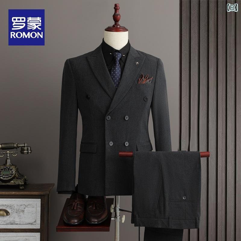 スーツ セットアップ メンズ ロモンの 男性用 ダブルブレスト スーツ ビジネス 高級 新郎 ウェディングドレス スリムフィット ジャケット