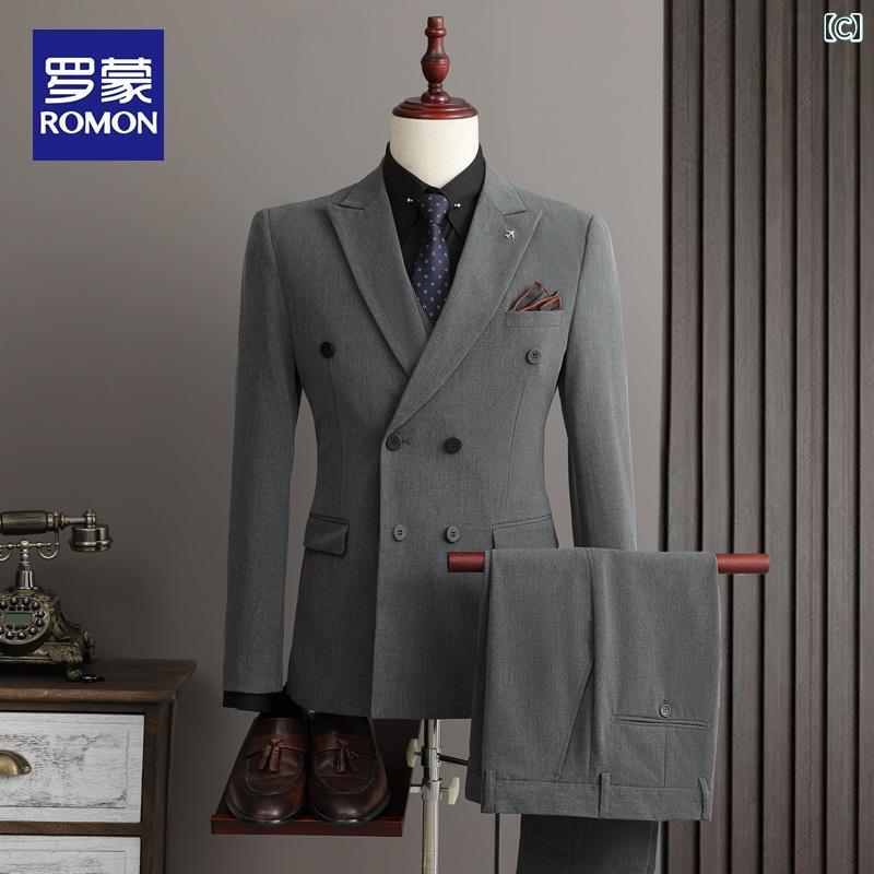 スーツ セットアップ メンズ ロモンの 男性用 ダブルブレスト スーツ ビジネス 高級 新郎 ウェディングドレス スリムフィット ジャケット