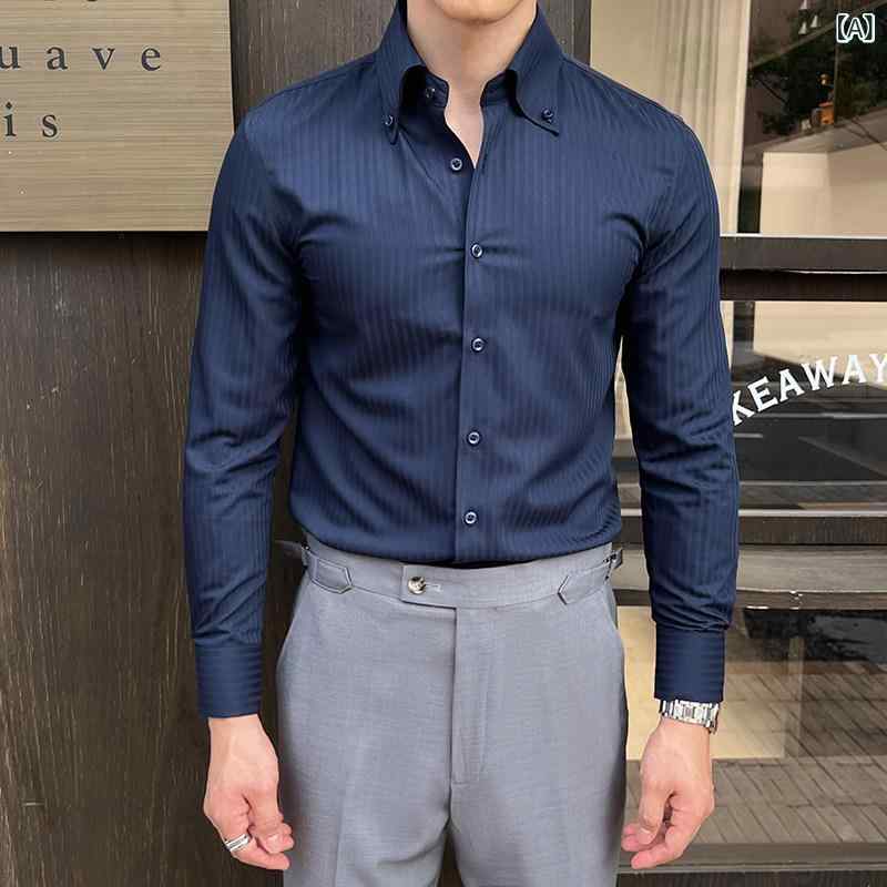 Short Sleeves （Shape Holding） - Yシャツ 長袖 メンズ ストライプ メンズシャツ 長袖 2025夏 ハイエンド フレンチスタイル 大 尖 襟 ビジネス シャツ メンズ