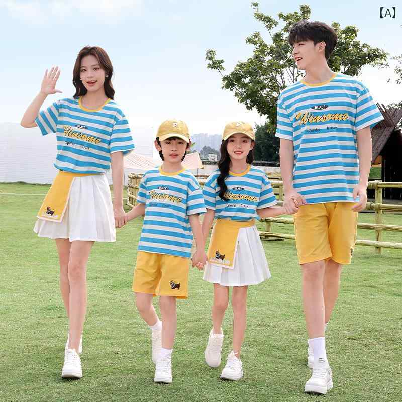 ペアルック 親子 カジュアル コーデ 2025年の ストライプ 韓国 親子 夏服 3人または 4人 家族向け 母 ..
