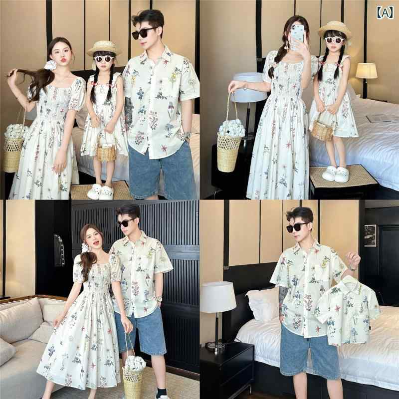 ペアルック 親子 カジュアル コーデ 海辺の 休暇の 母と 娘の ドレス 2025 夏の 半袖 3人 家族の 親子 ..