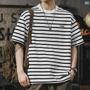 ストライプTシャツ メンズ ストライプ Tシャツ メンズ 半袖 コットン ヘビーウェイト 2024 夏 アメリカ ファッション カジュアル ラウンドネック 五分...