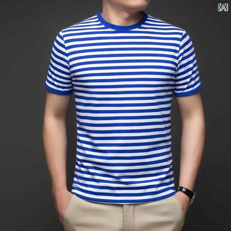 ストライプTシャツ メンズ 夏用 セーラー シャツ メンズ 半袖 Tシャツ 綿 青と 白の ストライプ パフォーマンス 衣装 カップル ラウンドネック 服