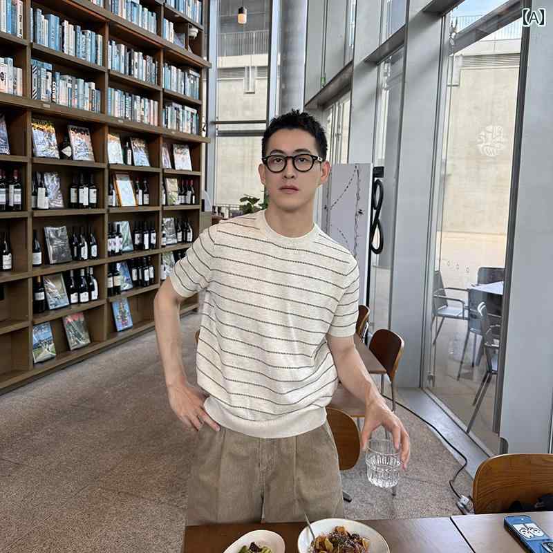 ストライプ Tシャツ 男性用 ニック ティエンの な オールド マネー ピンストライプ 冷感 ニット 半袖 T..