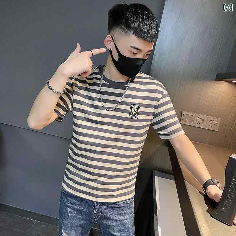 ストライプ Tシャツ 男性用 刺繍 Tシャツ メンズ ストライプ 半袖 夏 2024 カジュアル 服 t