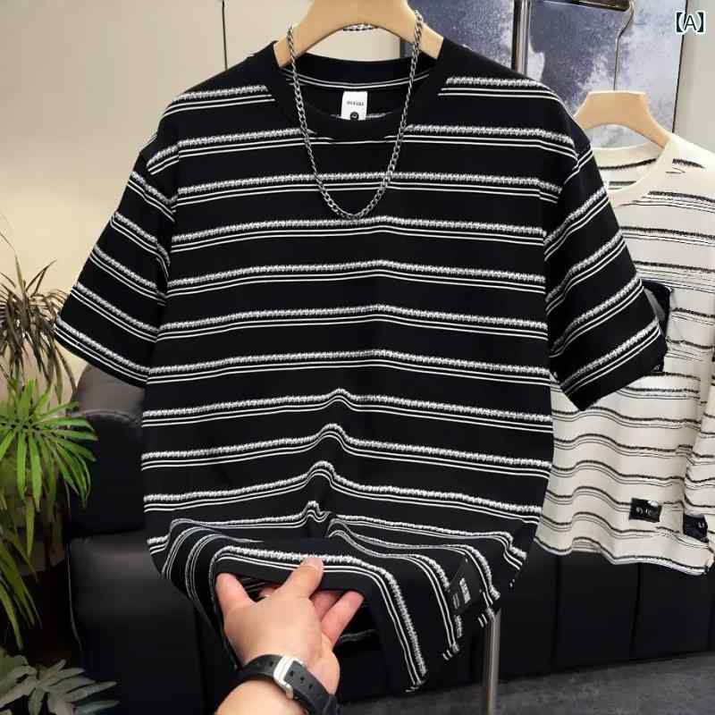 ストライプ Tシャツ 男性用 夏の アメリカン ストライプ ラウンドネック 半袖 メンズ シンプル ファッション ゆったり 万能 カジュアル 通気性 カップル Tシャツ