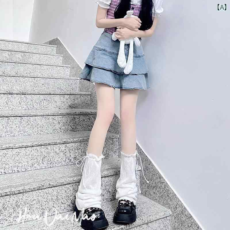 レッグ カバー ソックス レディース 夏用の かわいい レースアップ ソックス 薄手の JK サブカルチャー レッグ セット ホット ガール Y2K ホワイト パイルソックス