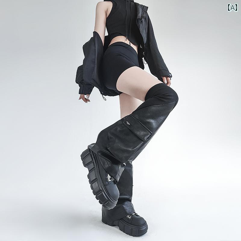 レッグ カバー ソックス レディース ソロ ストの ダークな 機能的な レッグ スリーブ RO スレッド レザーステッチ 立体的な ポケット 膝上 フレア ソックス