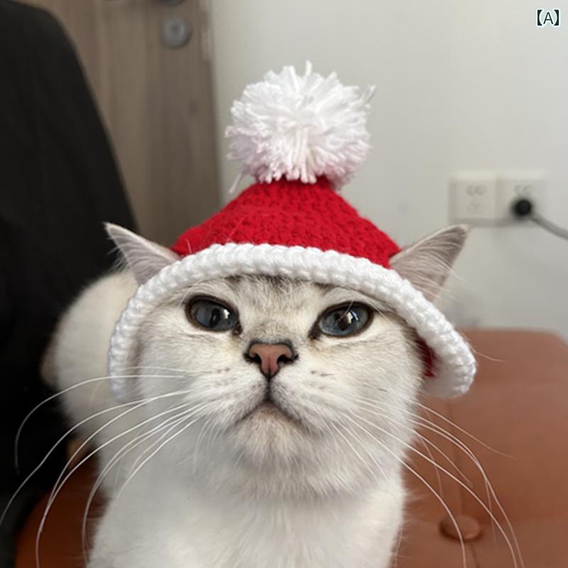 ペット用 クリスマス 猫 サンタクロース 赤い 帽子 白い ボール ヘッド バンド ニット スカーフ 犬 ペ..