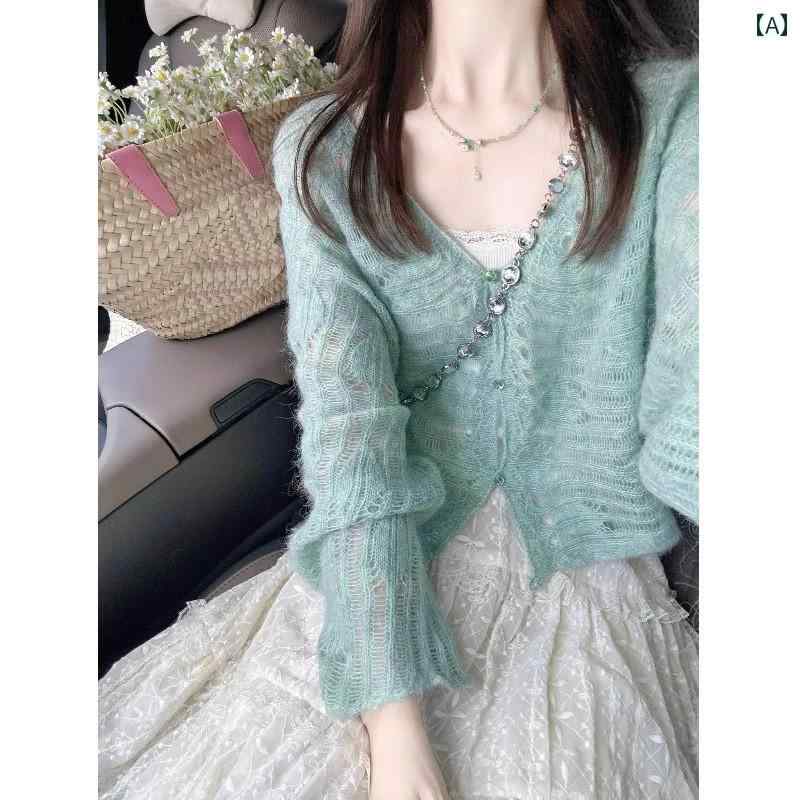 Vネック トップス カジュアル ミント グリーンの エレガントの ニットカーディガン レディース 早春の ..