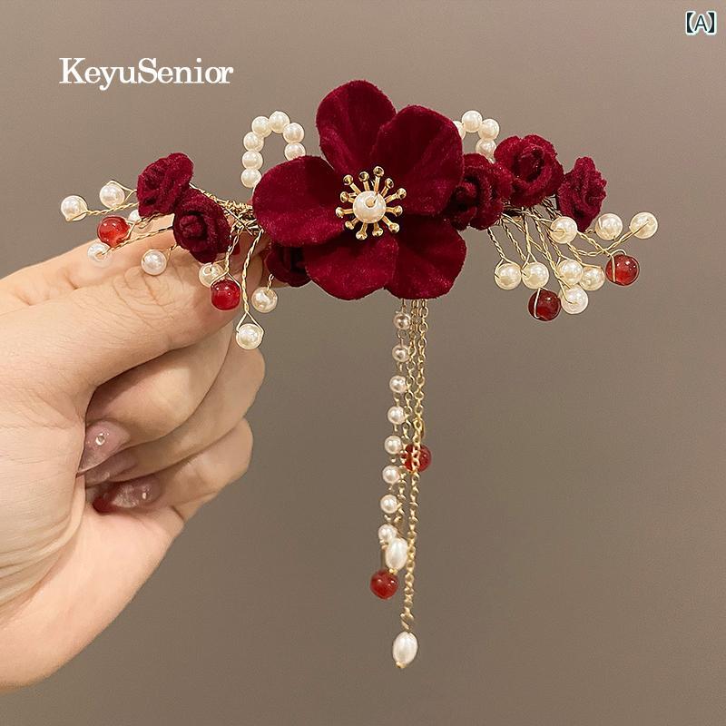 ヘアアクセサリー 赤い 花の 房の パールの 植 毛の ヘア ピン レディース サイド 新年の トースト ド..