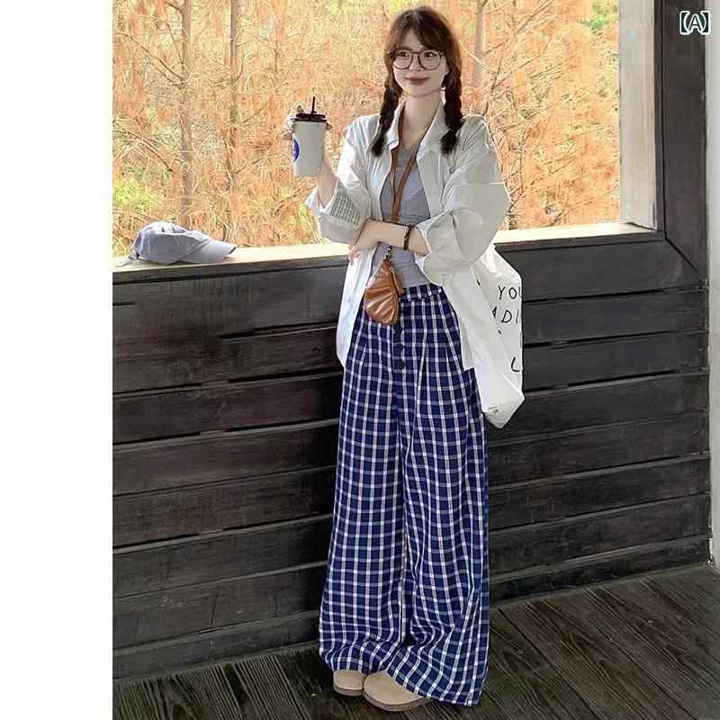 シンプル ストレート パンツ 女性用 La Chapelle Luce 同じ ブルー チェック 柄 ハイウエスト カジュアル パンツ レディース 2025 夏 ゆったり ワイド レッグ laonschoise-11046380 LAONsChoice パッケージ画像
