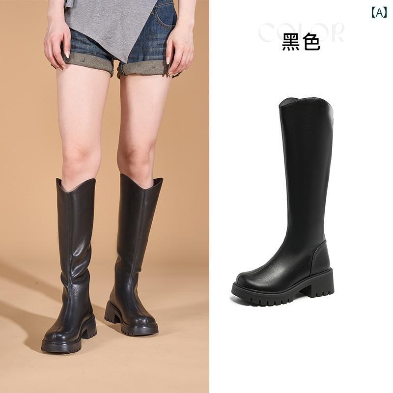 ハイ ブーツ レディース おしゃれ 黒 ロング ブーツ レディース 2024 秋冬小 軽量 ハイナイト 厚底