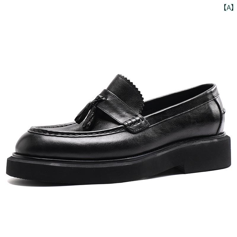 メンズ ローファー 靴 英国 風 メンズ 厚底 ローファー 秋 スリッポン タッセル カジュアル 革靴 革 ラウンドトゥ ビジネス シューズ