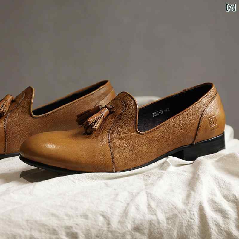メンズ ローファー 靴 上品な 印象の 英国 風 革 ラウンドトゥ レトロ タッセル スリッポン カジュアル レザーシューズ 春夏 通気性 オールド ローファー