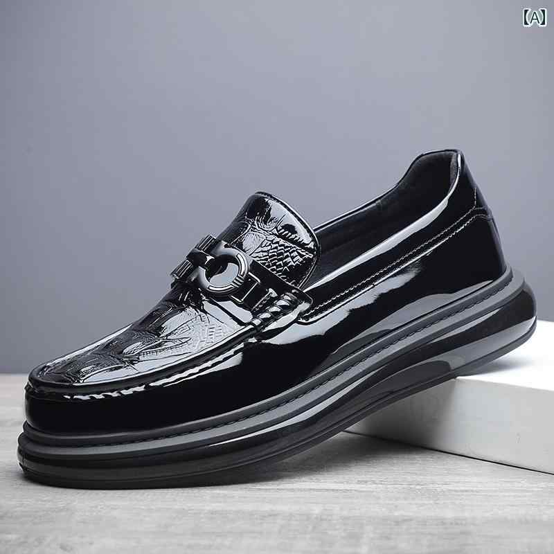 メンズ ローファー 靴 クロコダイル 柄 パテントレザー モカシン 光沢の ある レザーシューズ メンズ カジュアル ビジネス 革 スリッポン 英国 風 厚底 メンズシューズ