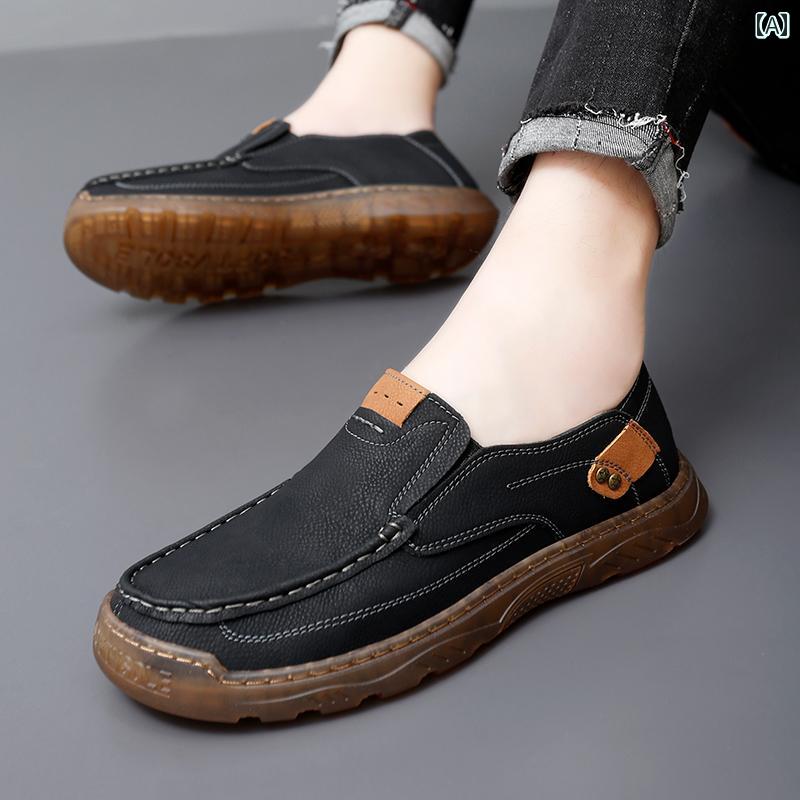 カジュアル シューズ 男性用 メンズカジュアル ワイド トゥ レザーシューズ 幅広 ソール 甲高 牛革 スリッポン ビッグ トゥシューズ 大きいサイズ 454647