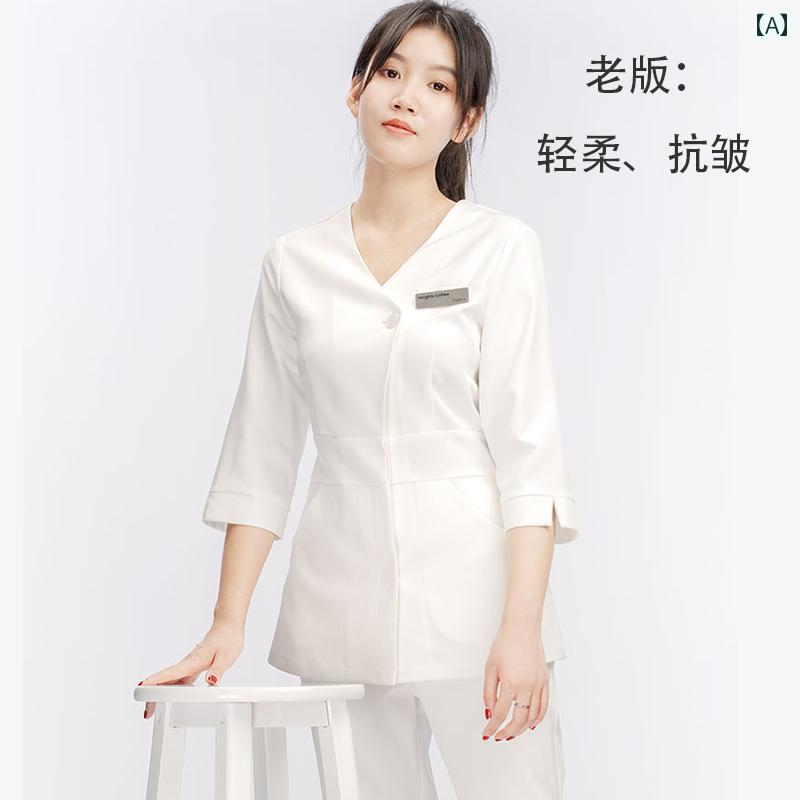 ユニフォーム エステ 事務服 美容師 美容 室 作業着 スーツ 女性 管理 職 白衣 看護 師 制服 長袖 タトゥー 肌