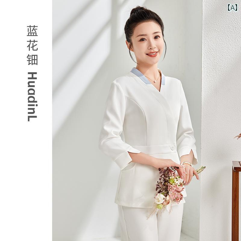 ユニフォーム エステ 事務服 青い 花の 刺繍の 秋冬 高級 美容師の 仕事 服 女性 美容 サロン 医療 皮..