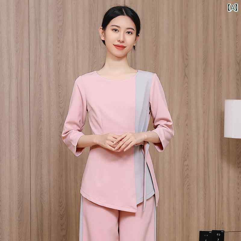 レディース 事務服 ユニフォーム 高級 美容 サロン 作業着 女性 フットバス ペディキュア スリム パンツ スーツ バス マッサージ ヘルスセンター 技術者 制服