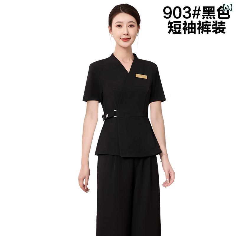 レディース 事務服 ユニフォーム タイ 式 マッサージ 足 湯 店 韓国 美容師 作業着 レディース 春夏 スーツ 健康 センター 中国 ワイド レッグ パンツ