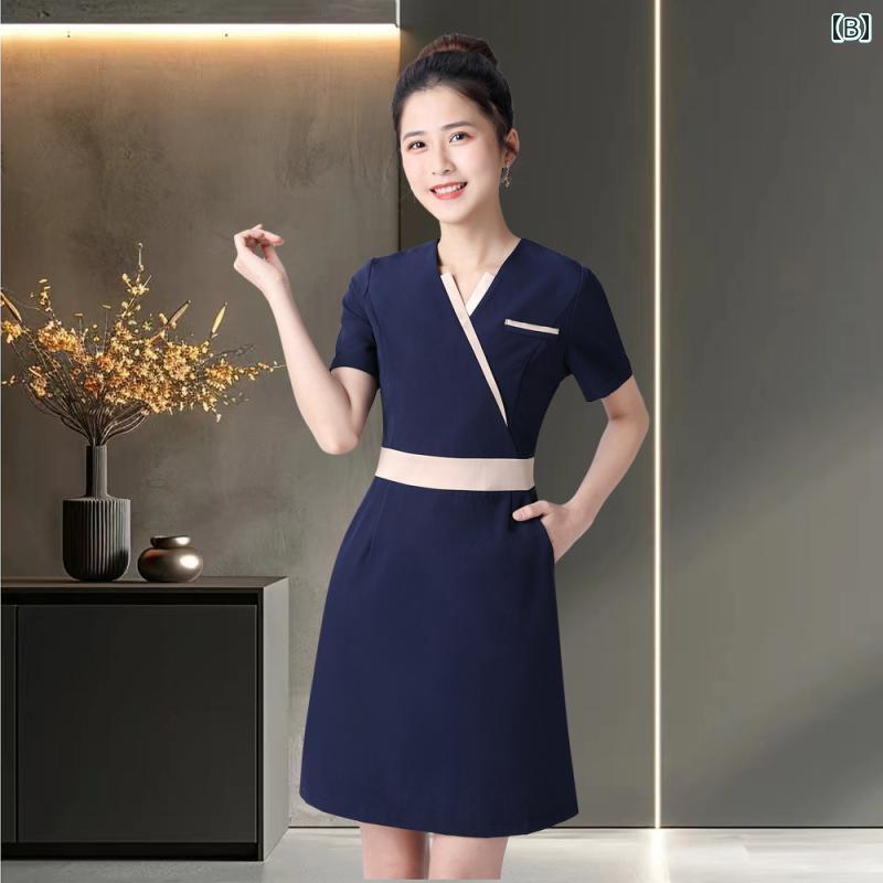 レディース 事務服 ユニフォーム レディース 高級 春夏 韓国 SPA 健康 サロン フロント デスク スーツ 美容院中 袖 美容師 作業着