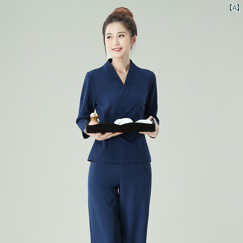 レディース 事務服 ユニフォーム 女性用 美容師 作業着 秋 マッサージ フットバス な 高級 美容 室の 皮膚 管理 技術者の 服